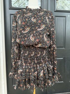 TCEC Rouched Waist Black Paisley Floral Long Sleeve Ruffle Dress